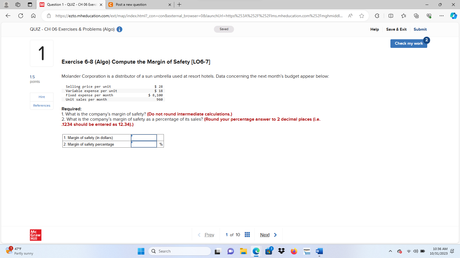 Solved Exercise 6-8 (Algo) Compute The Margin Of Safety | Chegg.com