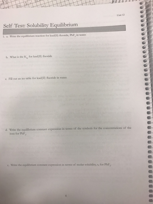 Solved Unit 12 Self Test: Solubility Equilibrium . a. Write | Chegg.com