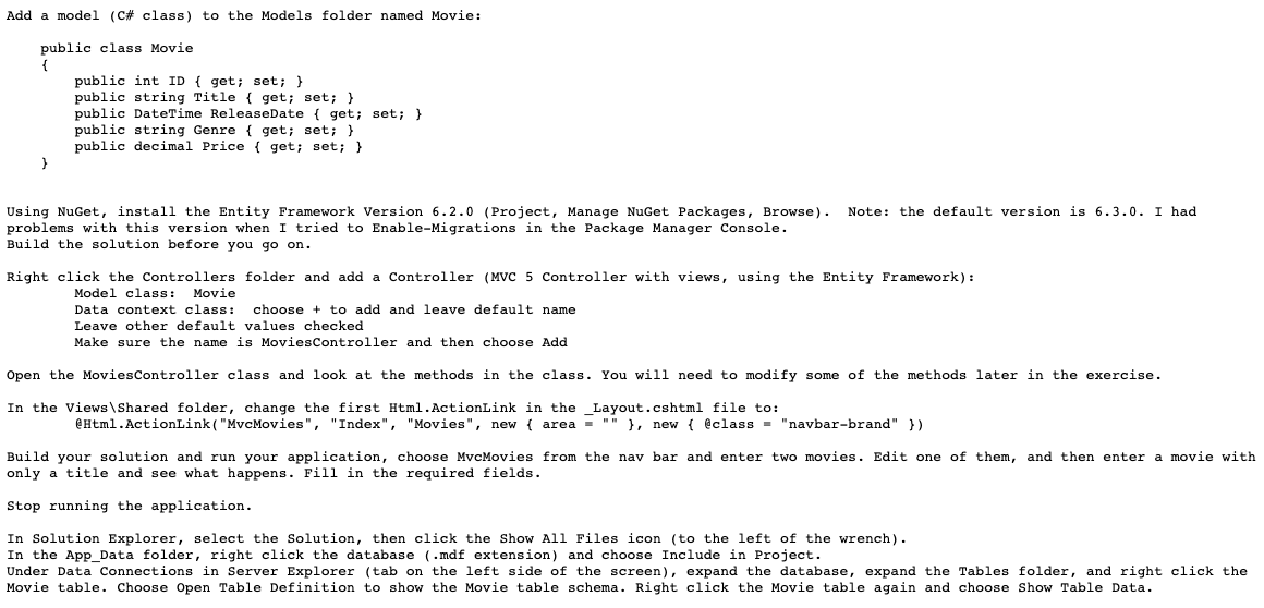 Add a model (C# class) to the Models folder named | Chegg.com
