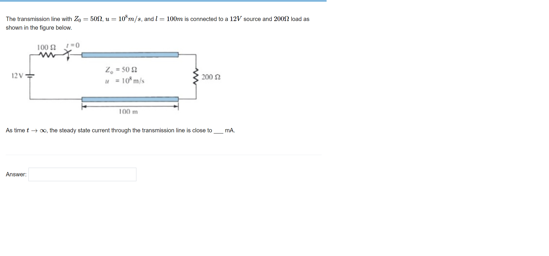 Solved The transmission line with Z0=50Ω,u=108 m/s, and