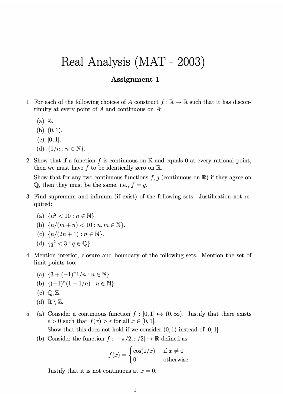 Solved Real Analysis (MAT - 2003) Assignment 1 1. For Each | Chegg.com