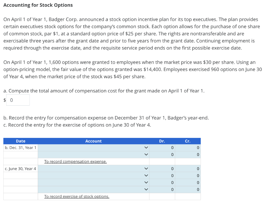 Solved Accounting for Stock Options On April 1 of Year 1, | Chegg.com