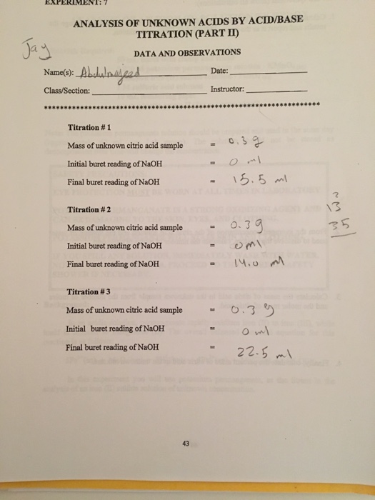 ANALYSIS OF UNKNOWN ACIDS BY ACID/BASE TITRATION