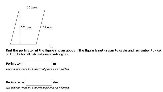 Solved 55 mm 다 68 mm 73 mm Find the perimeter of the figure | Chegg.com