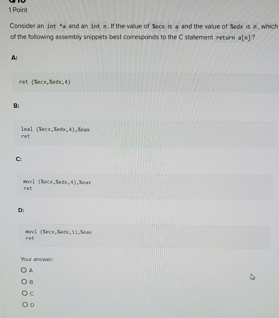 Solved 1 Point Consider an int *a and an int n. If the value | Chegg.com