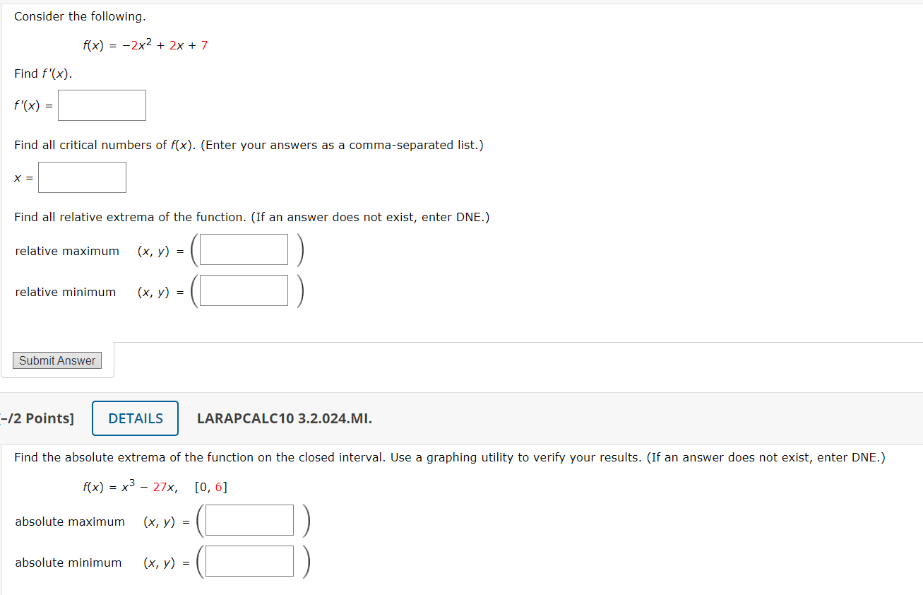 Solved Consider the following. f(x) = -2x2 + 2x + 7 Find | Chegg.com