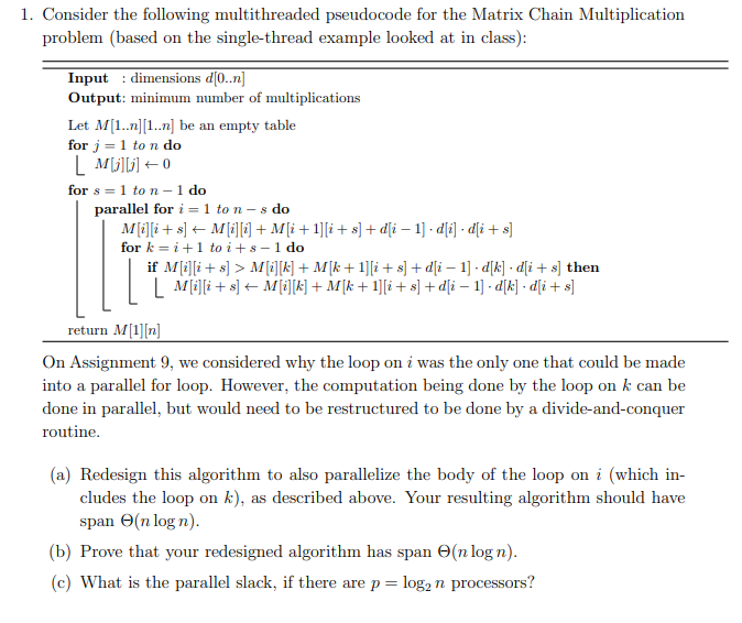 Consider the following multithreaded pseudocode for | Chegg.com