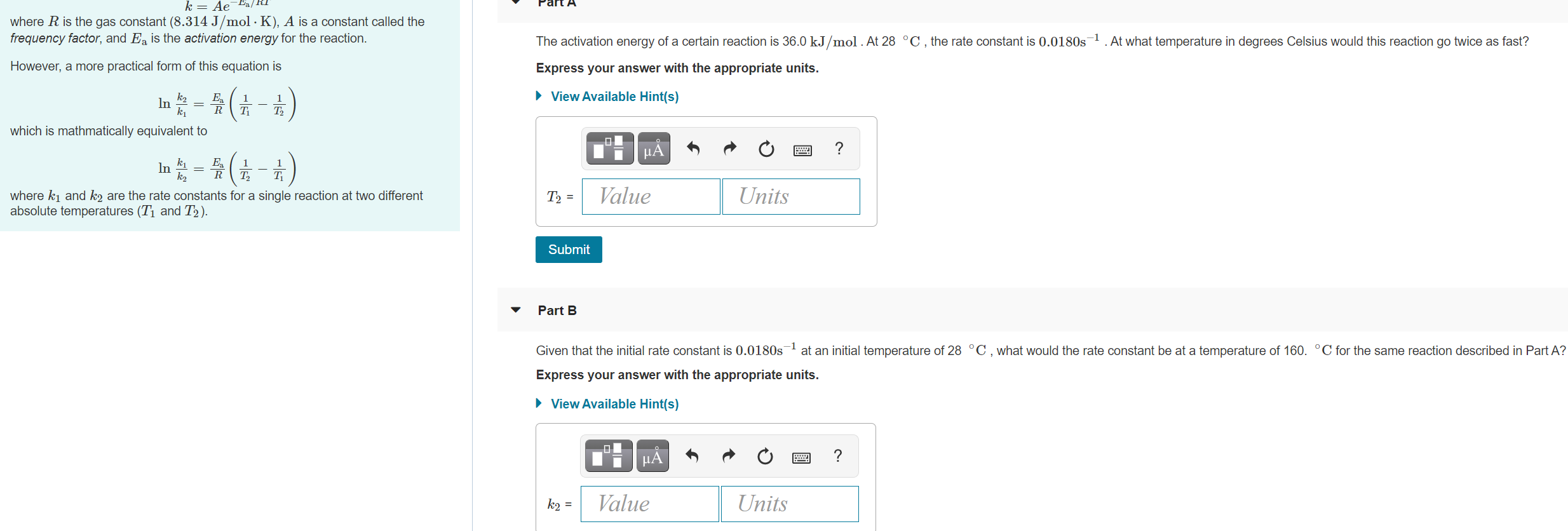 Solved Art A K Ae E R Where R Is The Gas Constant 8 31 Chegg Com