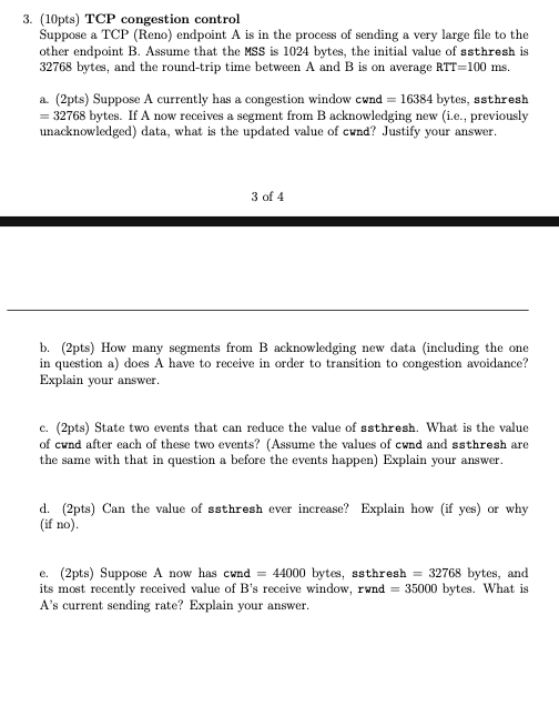 Solved 3. (10pts) TCP congestion control Suppose a TCP | Chegg.com