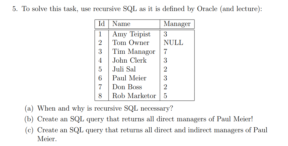 Solved 5. To solve this task, use recursive SQL as it is | Chegg.com