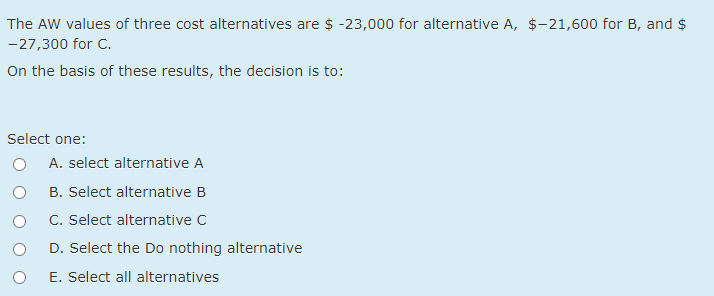 Solved The AW Values Of Three Cost Alternatives Are $ | Chegg.com