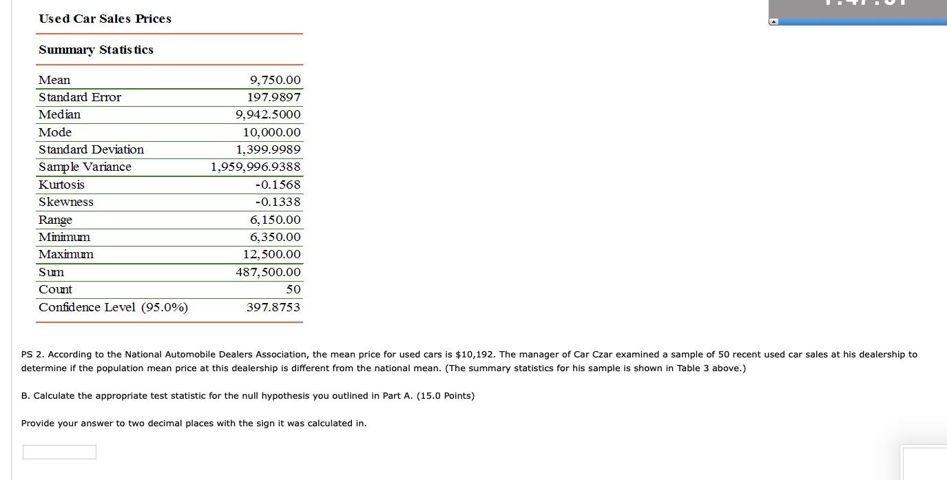 Solved Used Car Sales Prices Summary Statistics Mean