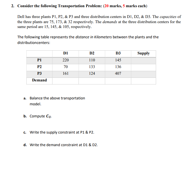 Solved 2. Consider the following Transportation Problem: (20 | Chegg.com