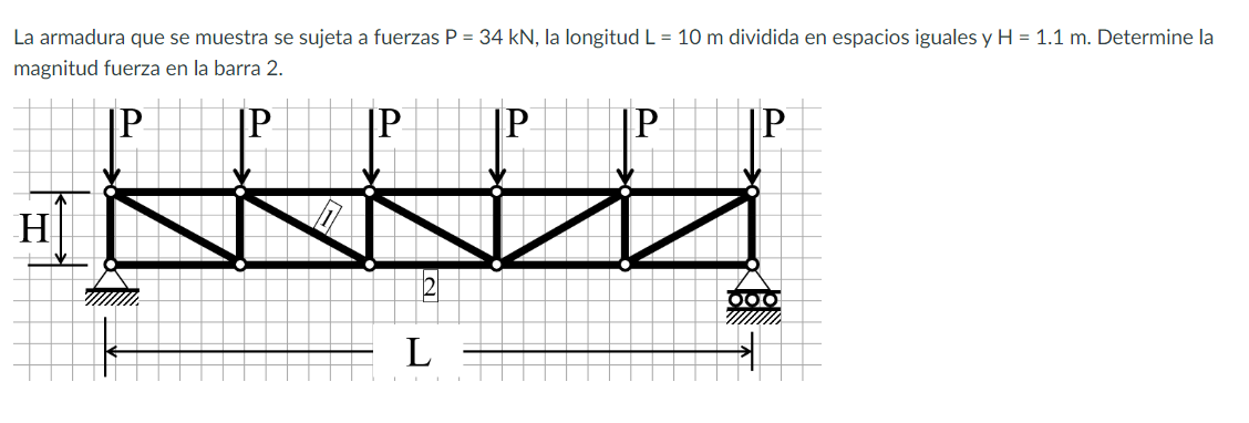 La armadura que se muestra se sujeta a fuerzas \( \mathrm{P}=34 \mathrm{kN} \), la longitud \( \mathrm{L}=10 \mathrm{~m} \) d