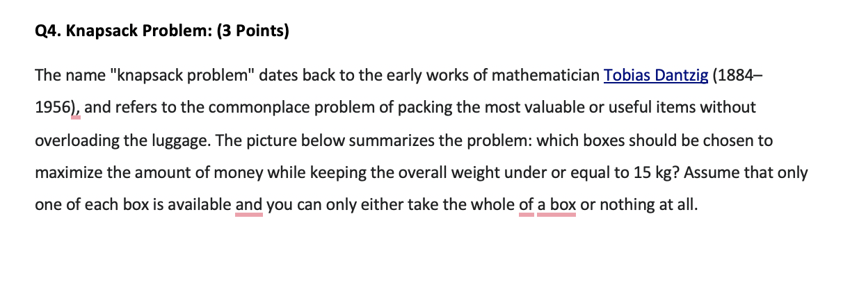 Q4. Knapsack Problem: (3 Points) The name "knapsack | Chegg.com