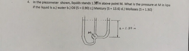 Solved 4. in the piezometer shown, liquids stands 1.30m | Chegg.com