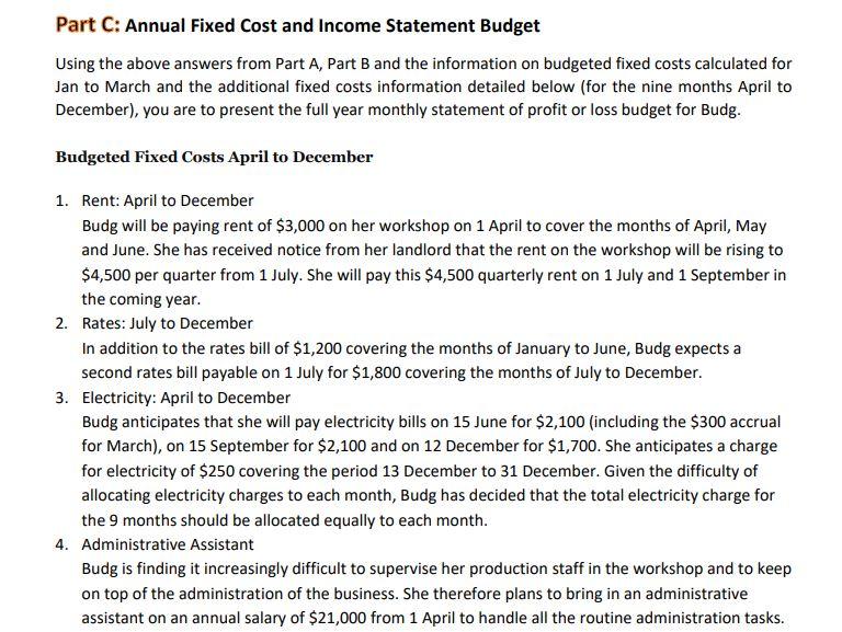 Part C: Annual Fixed Cost and Income Statement Budget | Chegg.com