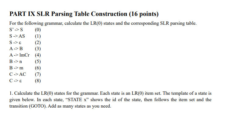 (2) PART IX SLR Parsing Table Construction (16 | Chegg.com