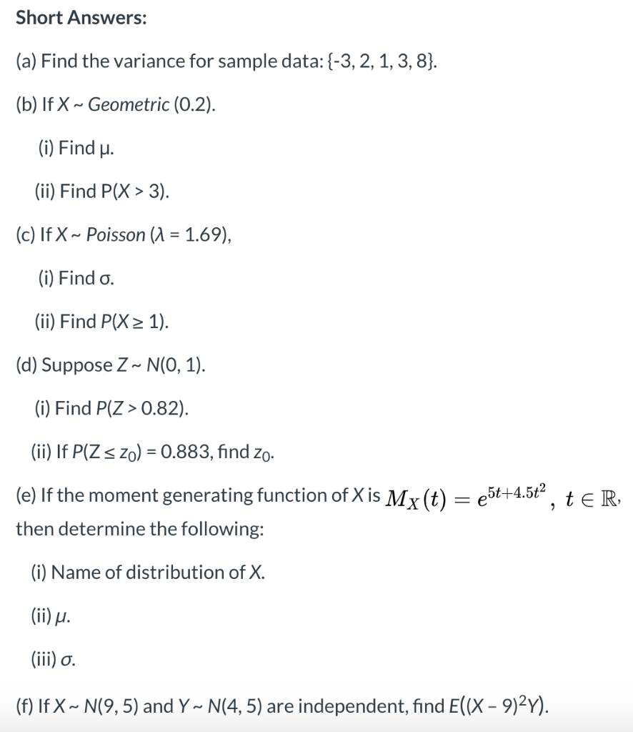 Solved Short Answers A Find The Variance For Sample Da Chegg Com