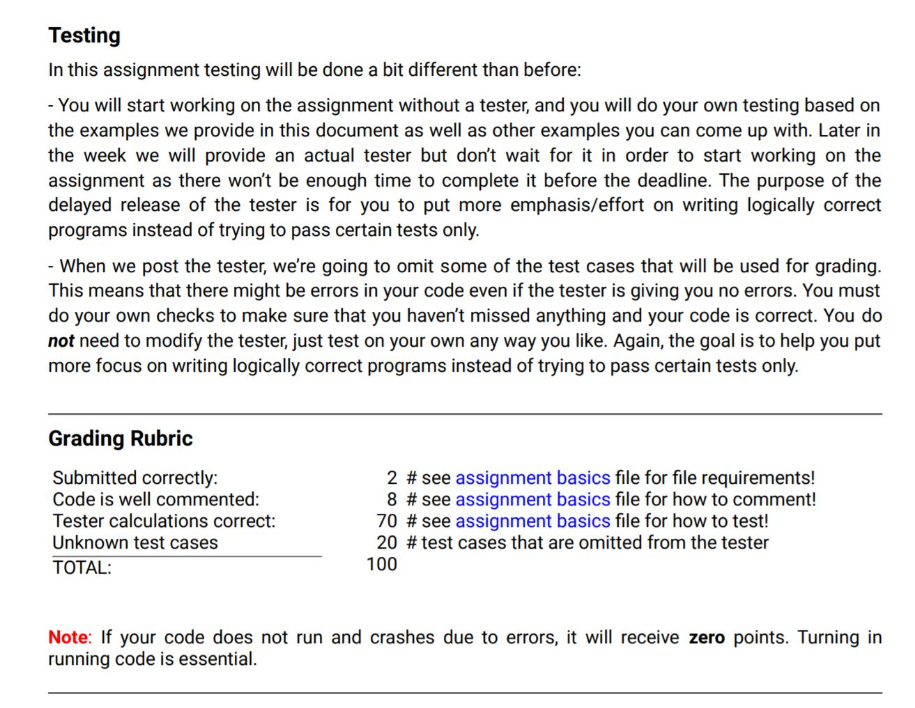 Testing in this assignment testing will be done a bit different than before - you will start working on the assignment withou