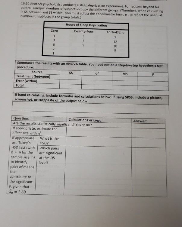 Solved 16.10 Another psychologist conducts a sleep | Chegg.com