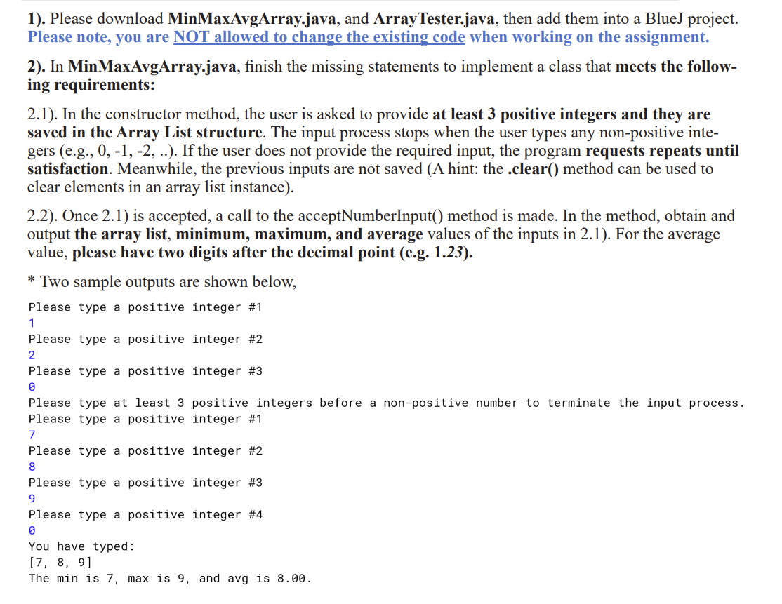 Solved The code provided already for MinMaxAvgArray// Do not | Chegg.com