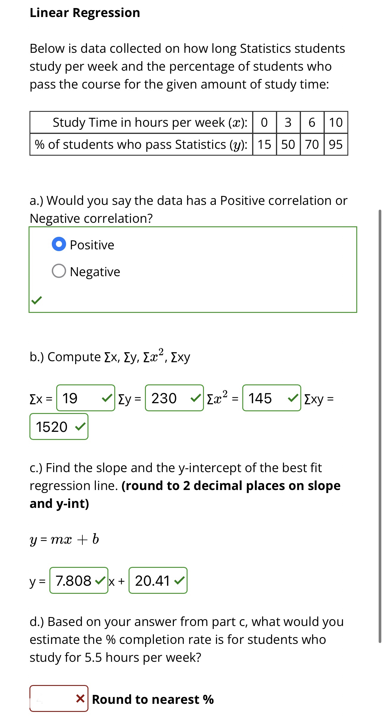 Solved Linear Regression Below is data collected on how long | Chegg.com