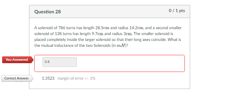 Solved A solenoid of 786 turns has length 28.5 cm and radius | Chegg.com