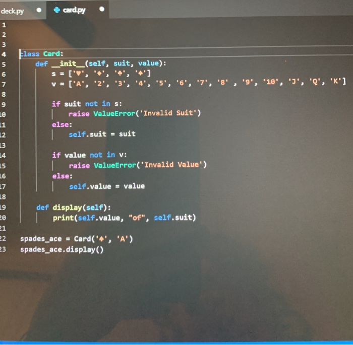 Solved Question 4 (deck.py): Define a 'Deck' class that upon | Chegg.com