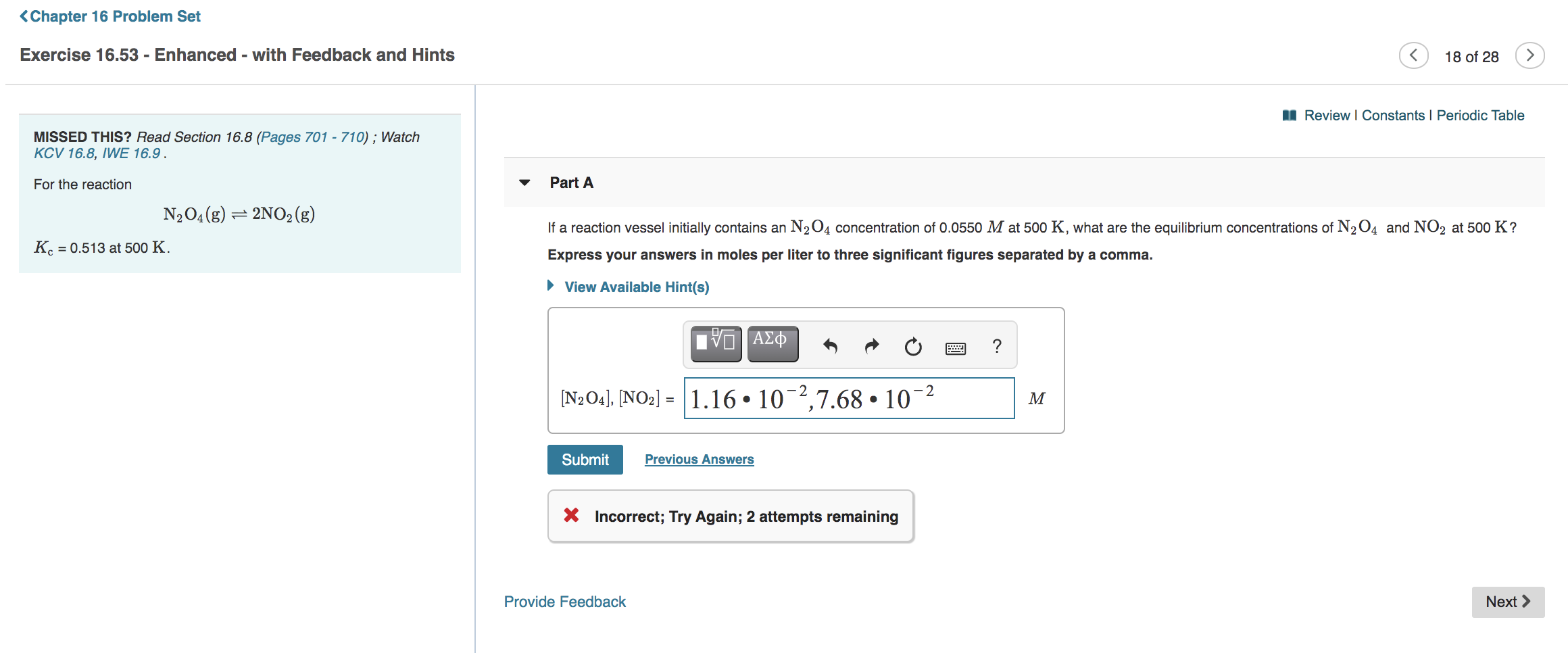 Solved If a reaction vessel initially contains an N2O4N2O4