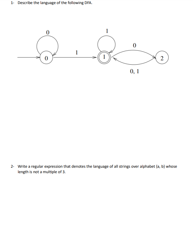 Solved 1- Describe the language of the following DFA. 2- | Chegg.com