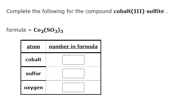 Complete the following for the compound cobalt(III) sulfite.
formula = Co?(SO3)3
atom
number in formula
cobalt
sulfur
oxygen