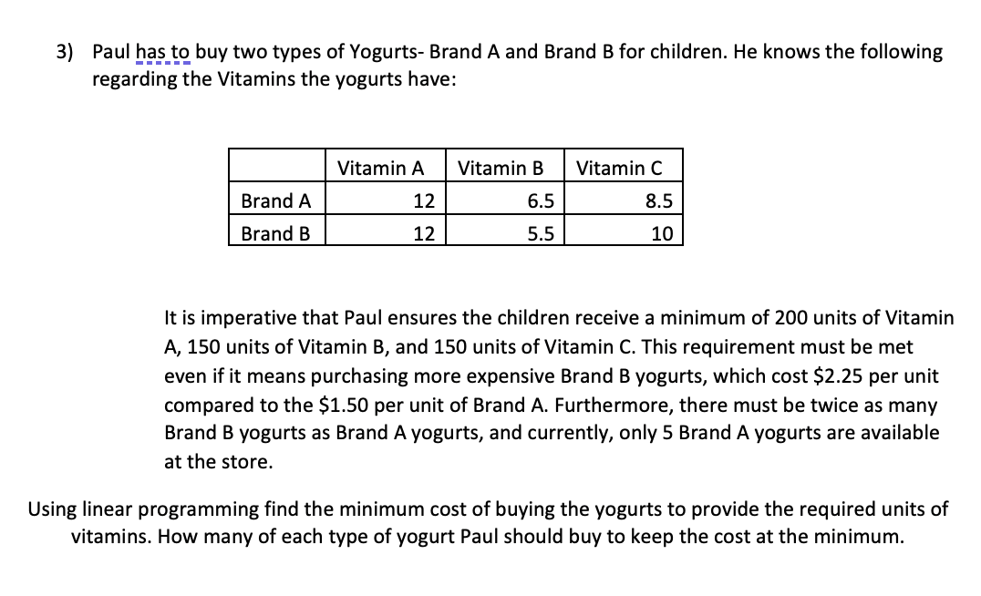 Solved 3) Paul Has To Buy Two Types Of Yogurts- Brand A And | Chegg.com