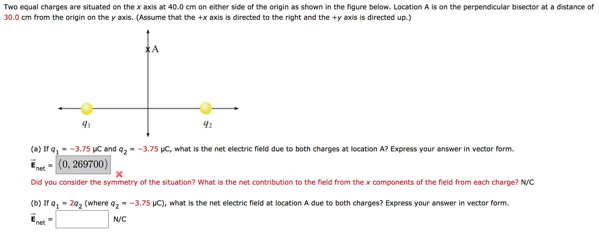 Solved Two equal charges are situated on the x axis at 40.0 | Chegg.com