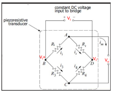 Solved constant DC voltage input to bridge Vi piezoresistive | Chegg.com