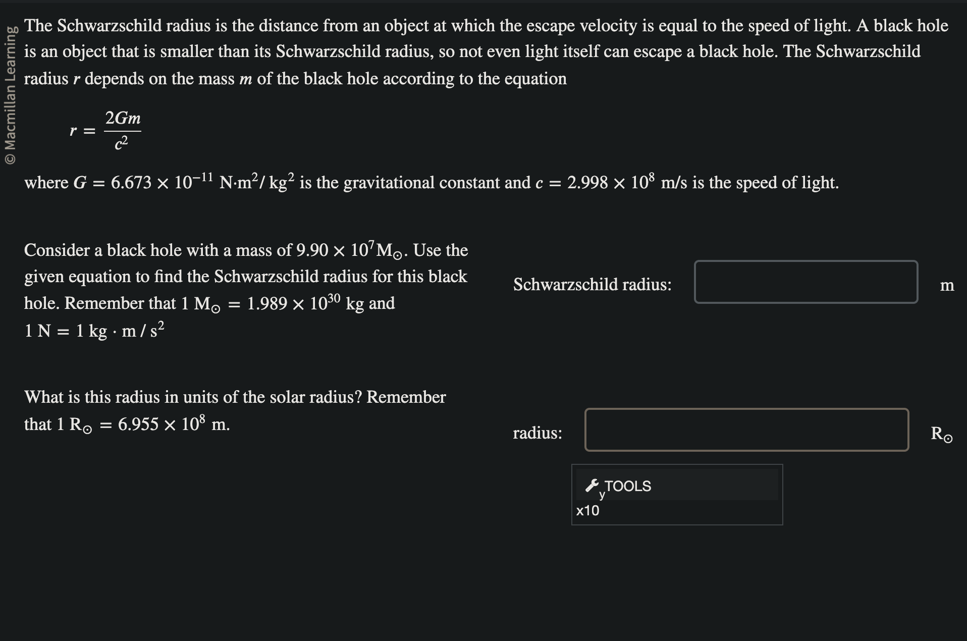 Solved The Schwarzschild radius is the distance from an | Chegg.com