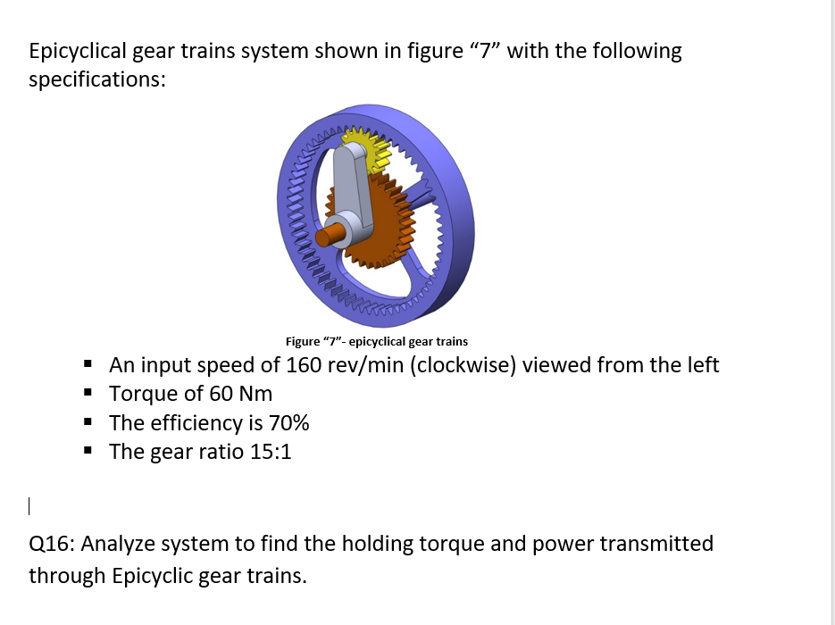 Epicyclical gear trains system shown in figure 7 with the following specifications:
Figure  7 - epicyclical gear trains
-