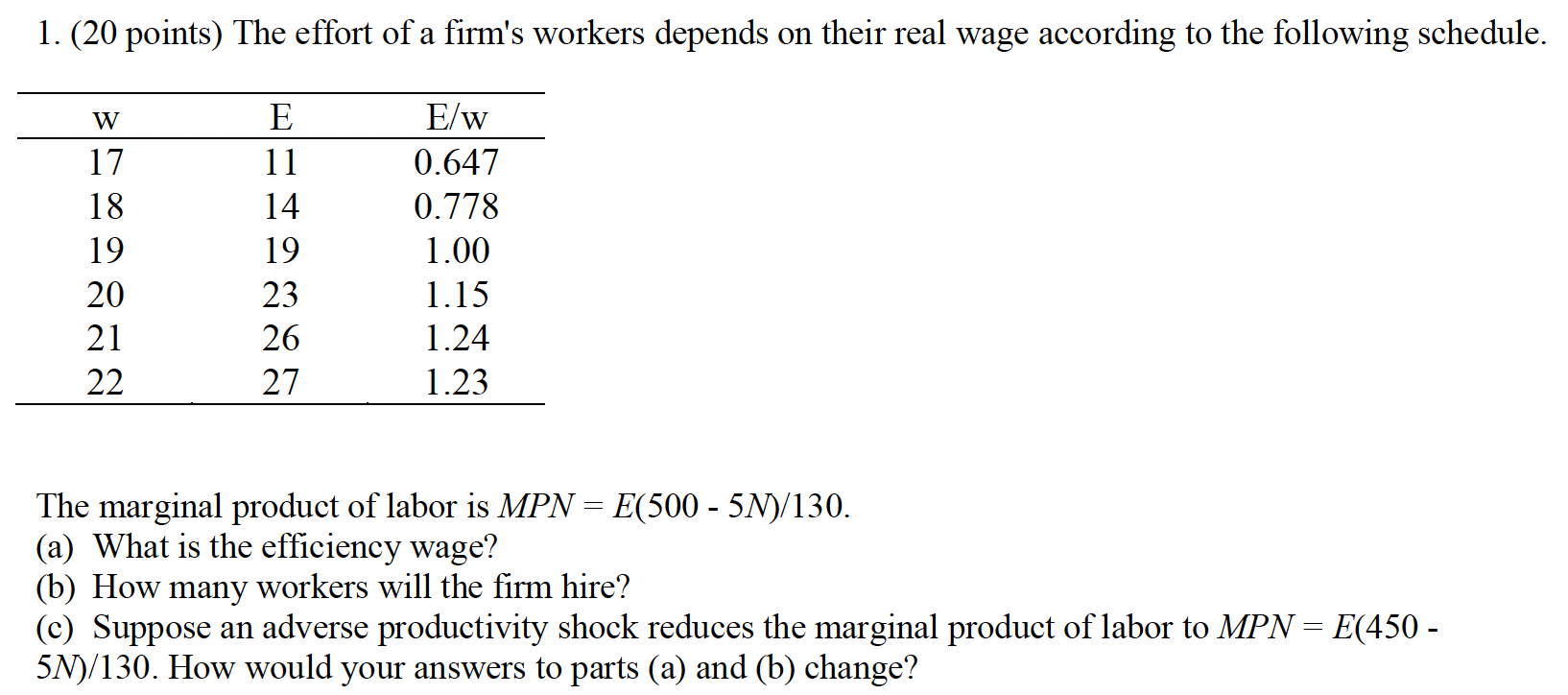 Solved 1. (20 points) The effort of a firm's workers depends | Chegg.com