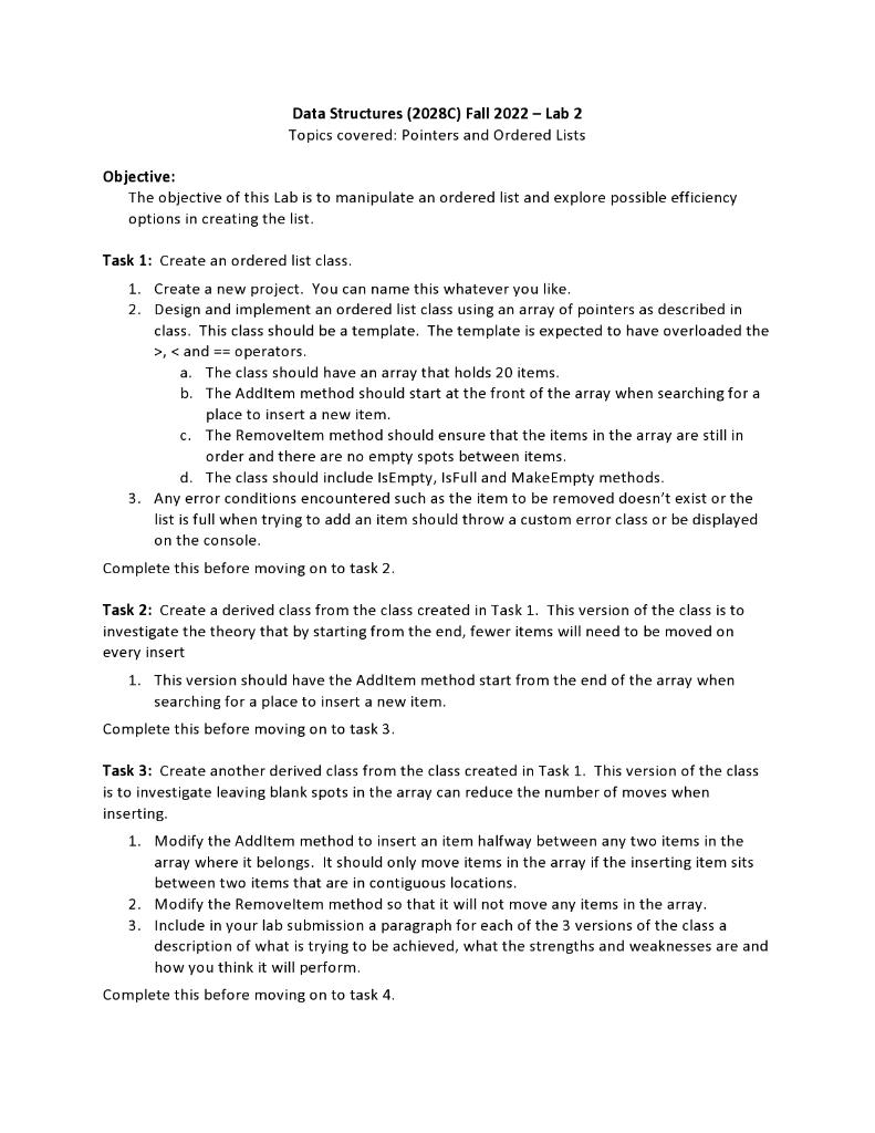 Data Structures (2028C) Fall 2022 - Lab 2 Topics | Chegg.com