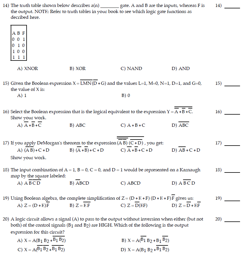 Solved 14 The Truth Table Shown Below Describes A N The Chegg Com