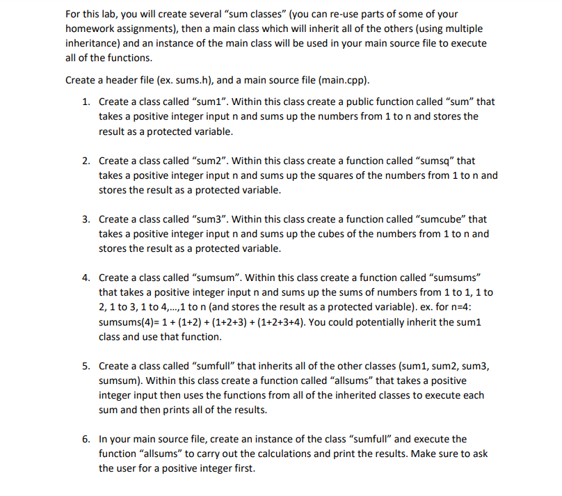 Solved For this lab, you will create several "sum classes" | Chegg.com