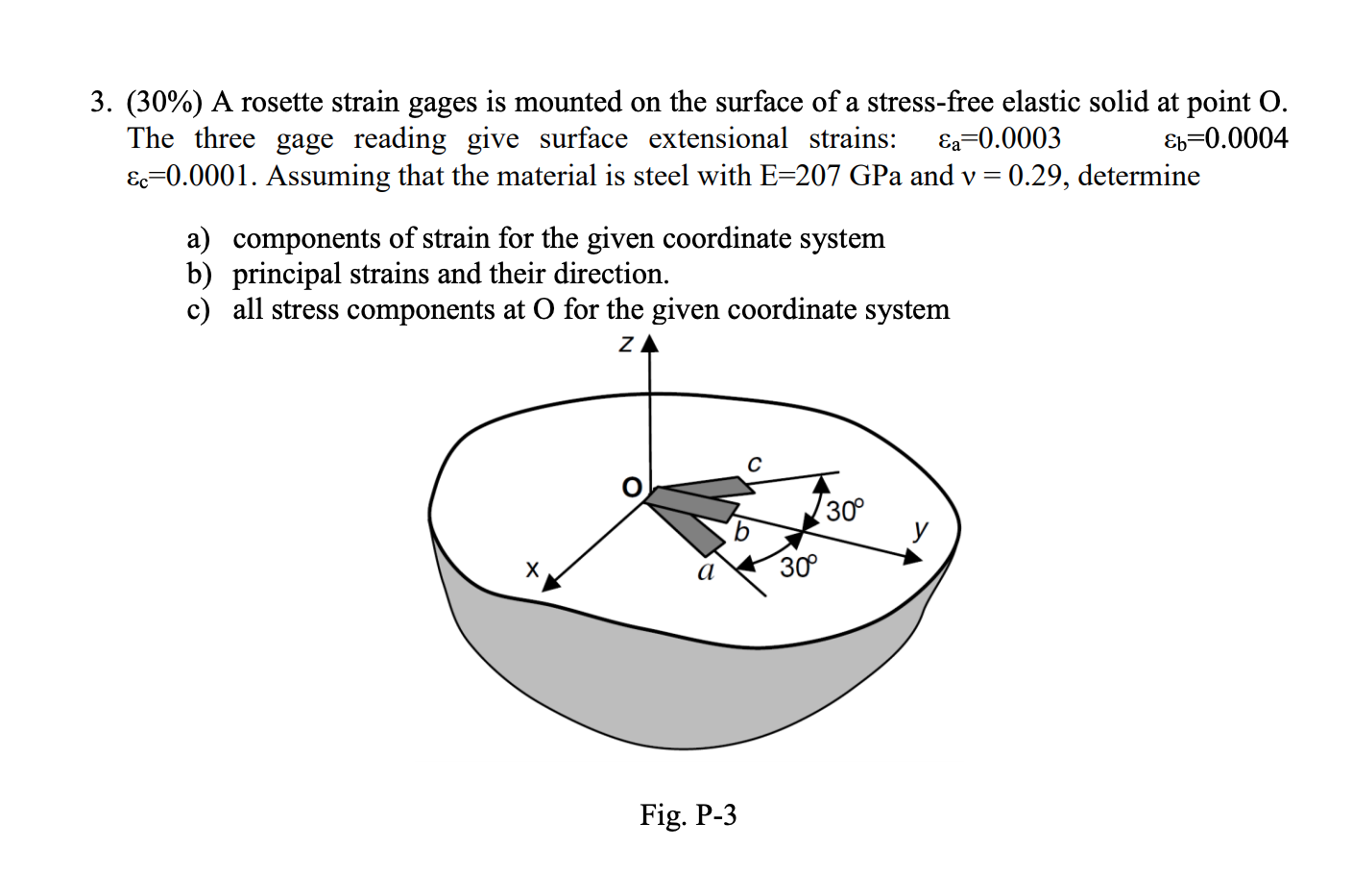 Solved 3. (30%) A rosette strain gages is mounted on the | Chegg.com