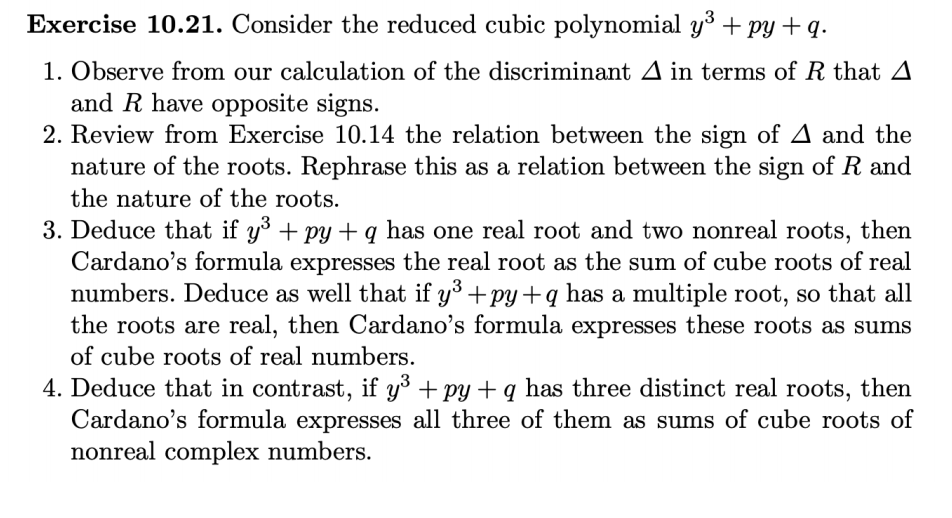 Exercise 10.21. Consider the reduced cubic polynomial | Chegg.com