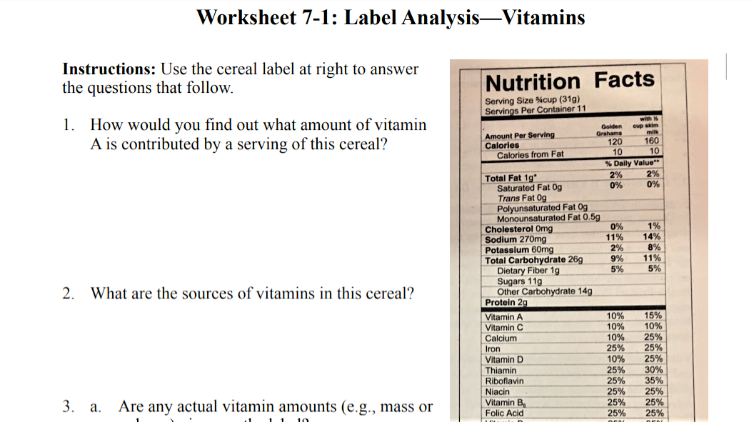 Solved Worksheet 71 Label AnalysisVitamins Instructions