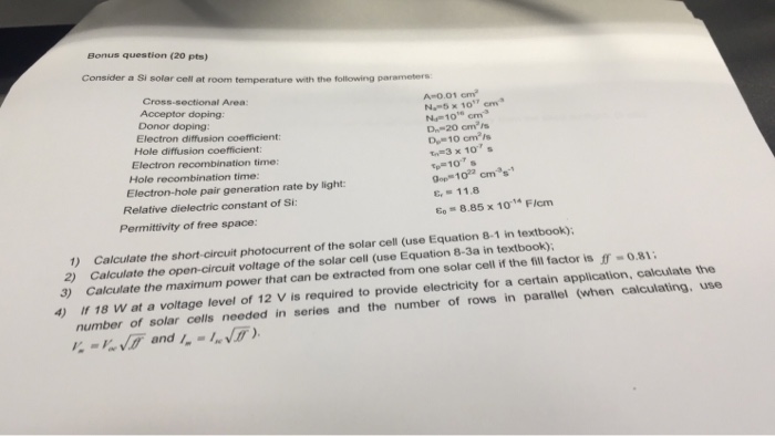 Solved Bonus question (20 pts) Consider a Si solar cell at | Chegg.com