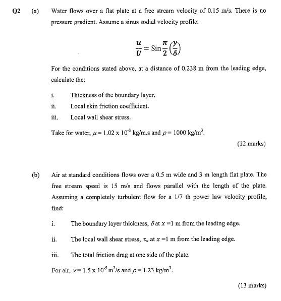 Solved Q2 Water flows over a flat plate at a free stream | Chegg.com