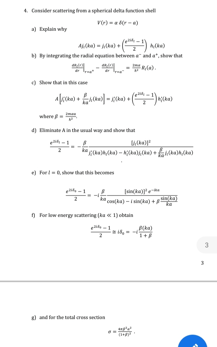 4. Consider scattering from a spherical delta | Chegg.com