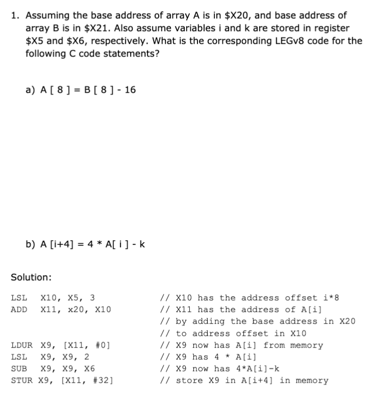 Solved 1. Assuming The Base Address Of Array A Is In $X20, | Chegg.com