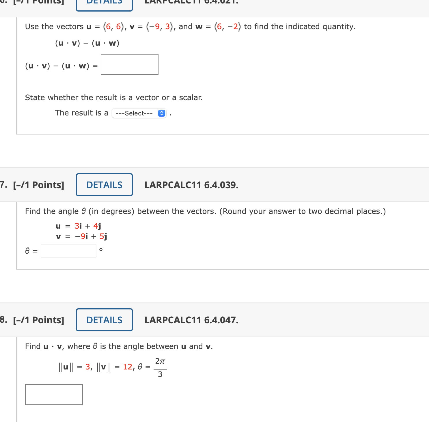 Use the vectors \( \mathbf{u}=\langle 6,6\rangle, \mathbf{v}=\langle-9,3\rangle \), and \( \mathbf{w}=\langle 6,-2\rangle \)