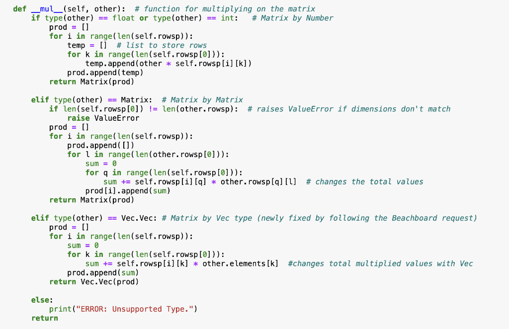 Solved Copy-paste your implemented Matrix and Vec classes to | Chegg.com